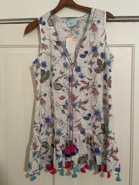 New Taj by Sabrina Blue Floral Eyelet Tassel Top size Small